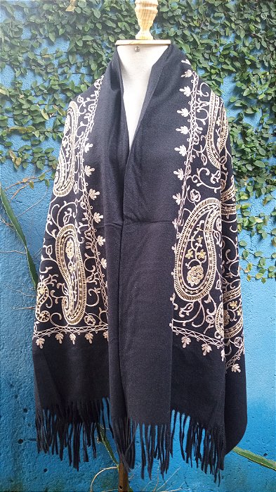 Pashmina bordada flores xale casaco cachecol boho