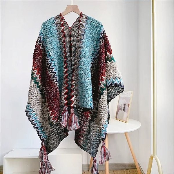 Poncho pala lã boho chic aberto