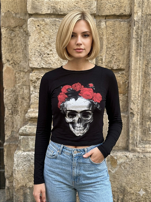 Cropped preto visco caveira frida manga longa