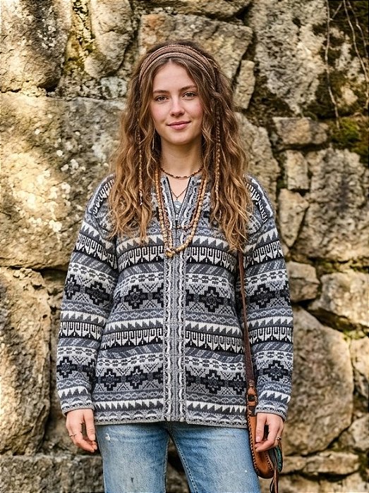 Agasalho cardigan peruano unissex lhama