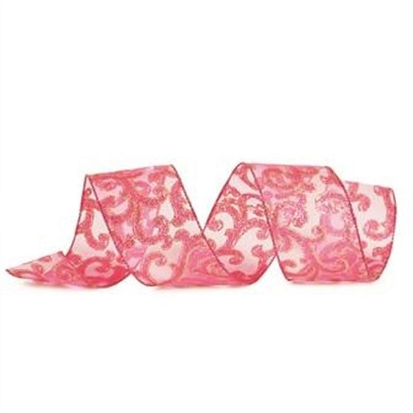 Fita de Natal Arabesco com Glitter Rosa Claro 6,3cm (Fita para Presente) - 1 Rolo