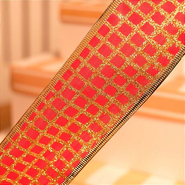 Fita de Natal Quadriculada Vermelho e Ouro 6,3cm (Fita para Presente) - 1 Rolo