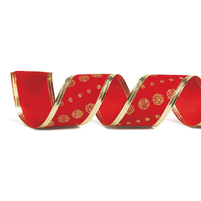 Fita de Natal Veludo com Poá Vermelho e Ouro 3,8cm (Fita para Presente) - 3 Unidades