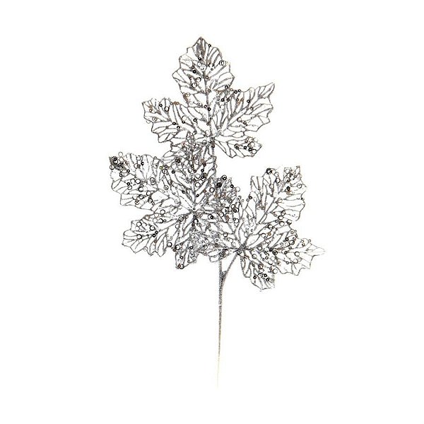Galho Tres Folhas Glitter Prata (Galhos Médios) - 1 Un