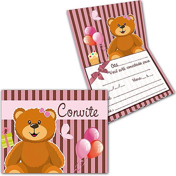 Convite Especial Ursinho Rosa e Marrom NEW - 08 Un