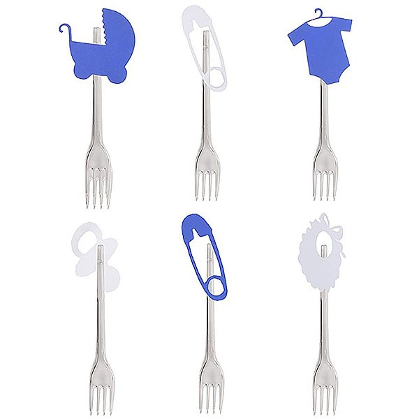 Garfo para Sobremesa com Aplique Chá de Bebê Azul - 06 Un