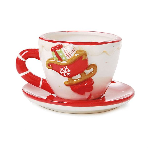 Xicara e Pires com Trenó Vermelho e Branca (Candy Cane) - 4 Un