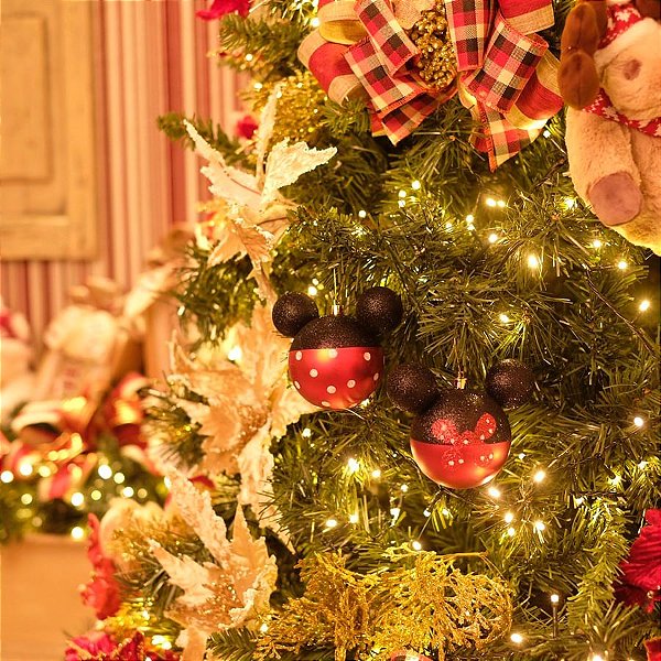 Natal Disney - Bola Minnie Poá Preto e Vermelho 8cm - 4 Un