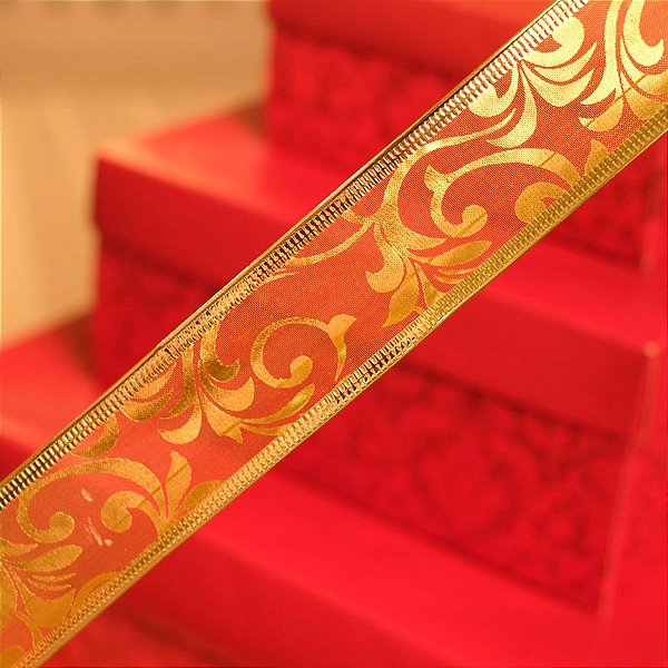 Fita de Natal Voal Arabesco Ouro 3,8cm - 1 Un