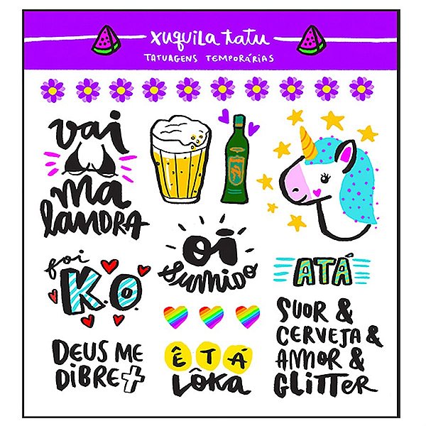 Cartela com 25 Tatuagens Temporárias de Carnaval - Xuquila Tatu