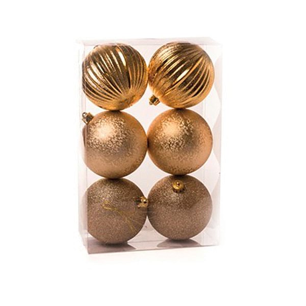Bola de Natal Glitter Texturizada Listras Ouro 10cm (Bolas) - 6 Peças