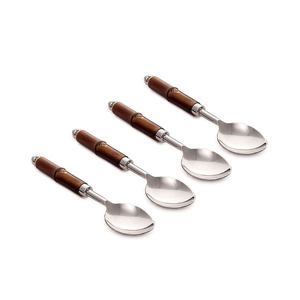 Colher de Mesa com Cabo Madeira Marrom e Prata (Talheres) - 4 Peças