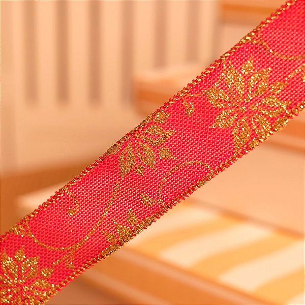 Fita de Natal Juta Flores Vermelho e Ouro 3,8cm (Fita para Presente) - 1 Un