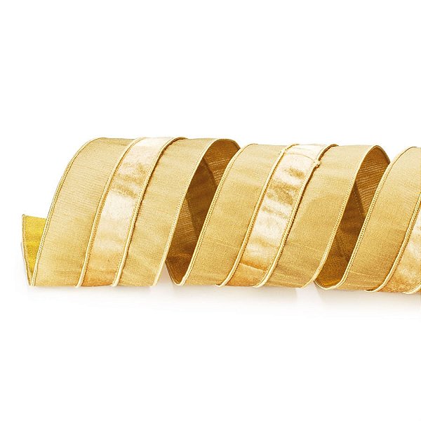 Fita de Natal Ouro e Marfim 10cm (Fita para Presente) - 1 Rolo