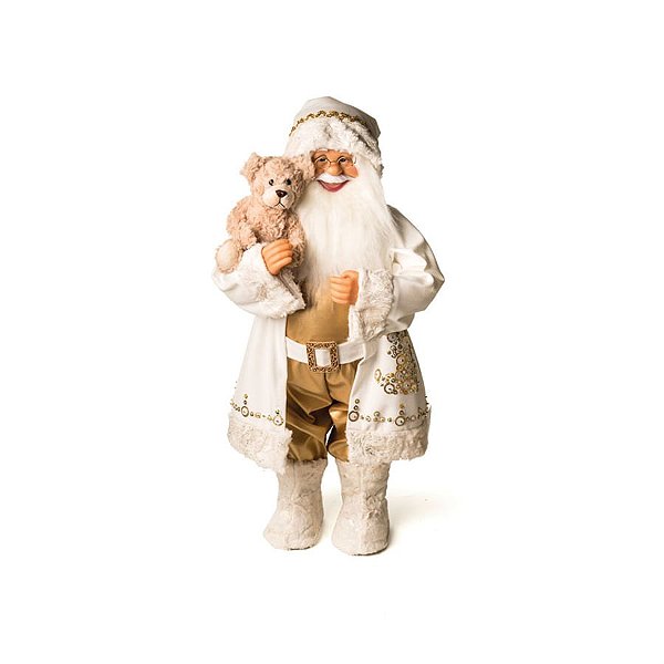 Boneco de Papai Noel Segurando Urso Branco e Ouro de 62cm