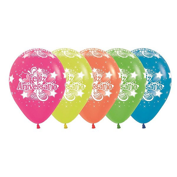 Balão Látex Impressão 360 Neon Feliz Aniversário Sortido 12" / 30cm - 12 Un
