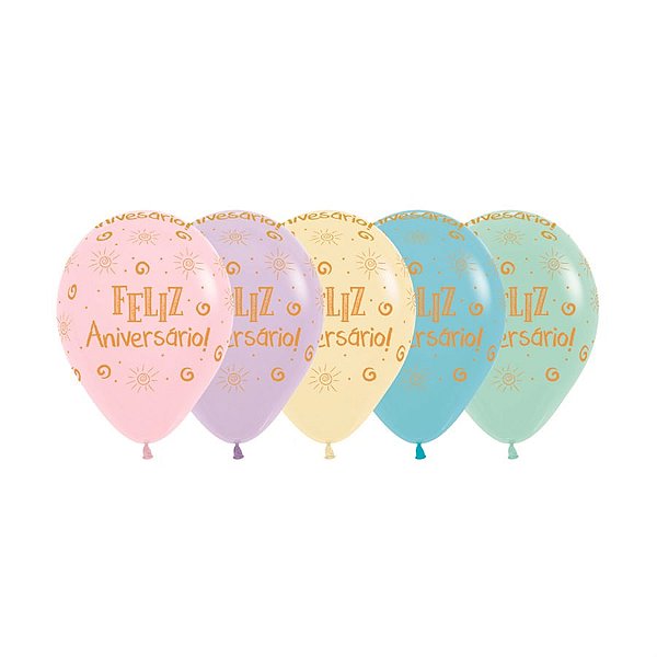 Balão Látex Impressão 360 Pastel Mate Feliz Aniversário Raio S Sortida 12" / 30cm - 12 Un