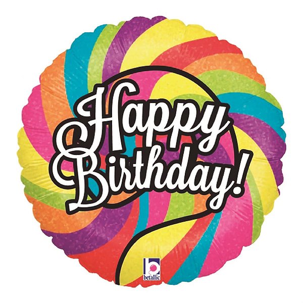 Balão Metalizado Holográfico Redondo Pirulito Happy Birthday 18" / 45cm