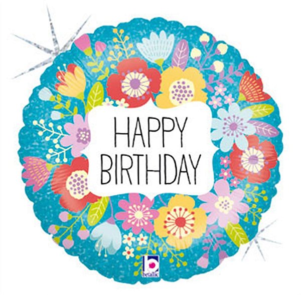 Balão Metalizado Holográfico Redondo Happy Birthday Flores Campo 18" / 45 cm