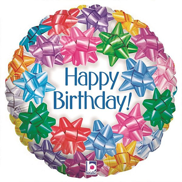Balão Metalizado Redondo Happy Birthday Laços Color 18" / 45 cm