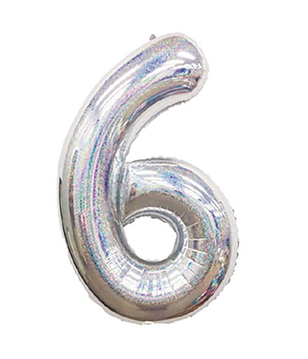 Balão Metalizado Número 6 Holográfico Glitter Prata 40'' / 101cm