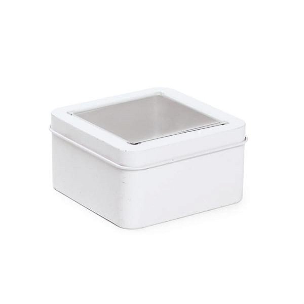 Latinha de Metal Quadrada com Visor Branco 8,5x8,5