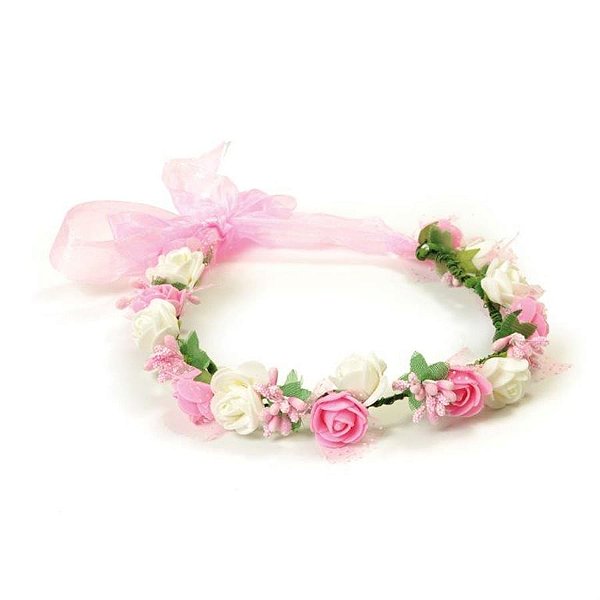 Acessório Tiara com Flores Laço Rosa Branca