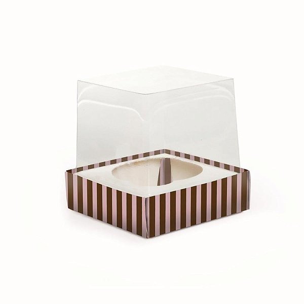 Caixa Mini Cupcake com Visor Listras Rosa e Marrom 5,5x5,5x5,5 - Pacotes com 6 Unidades