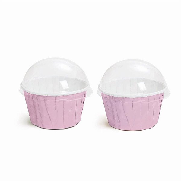 Kit Forminhas Cupcake com Tampa Liso Rosa Médio 4,5 x 6 cm - 20 Un