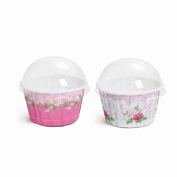 Kit Forminhas Cupcake com Tampa Compose Floral Rosa Médio 4,5 x 6 cm - 20 Un