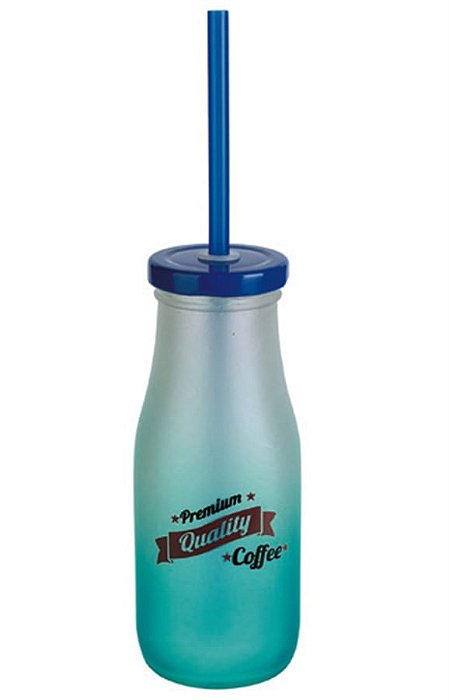 Garrafa De Vidro Degrade 300 Ml C/ Canudo Azul