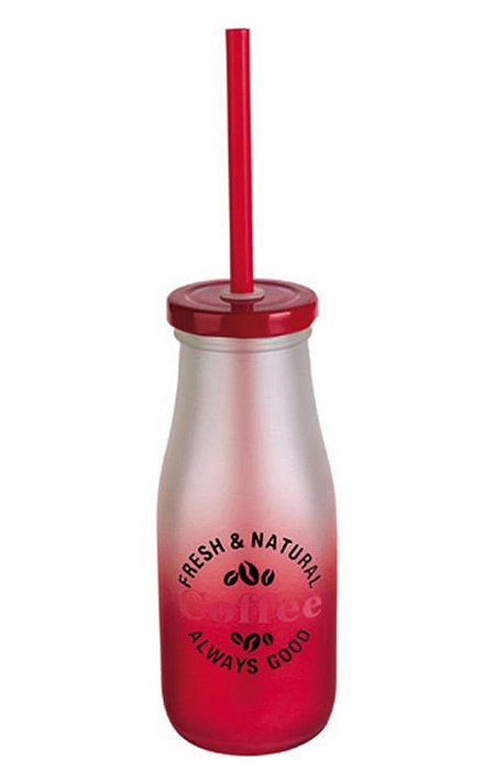 Garrafa De Vidro Degrade 300 Ml C/ Canudo Vermelho