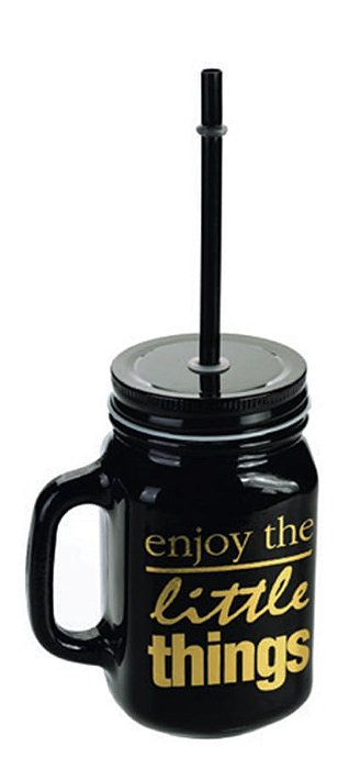 Pote De Vidro 450 Ml C/ Canudo Preto/Dourado