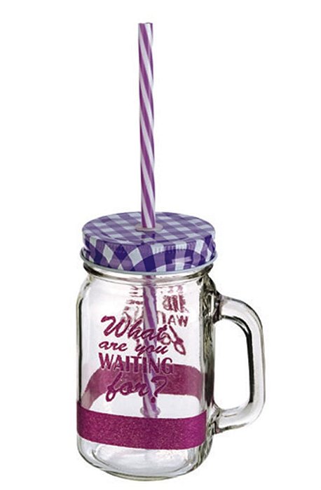 Pote De Vidro 450 Ml C/ Canudo Roxo