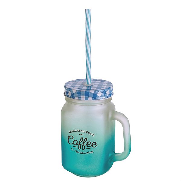 Pote De Vidro Degrade 450 Ml C/ Canudo Azul