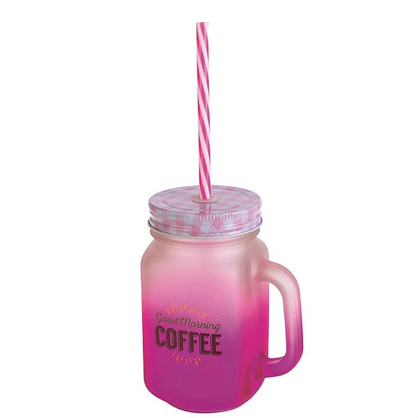 Pote De Vidro Degrade 450 Ml C/ Canudo Rosa