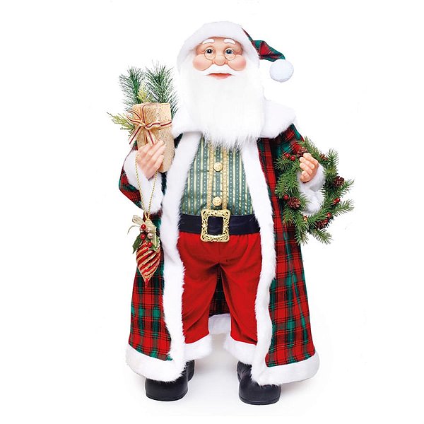 Boneco de Papai Noel Casaco Xadrez Vermelho e Verde Bandeira e Branco de 78cm