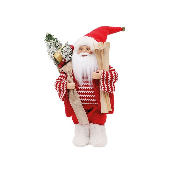 Boneco de Papai Noel em Pé Colete Camisa Listrada e Ski Vermelho e Branco de 30cm