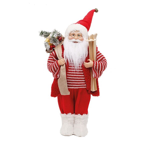 Boneco de Papai Noel em Pé Colete Camisa Listrada e Ski Vermelho e Branco de 46cm