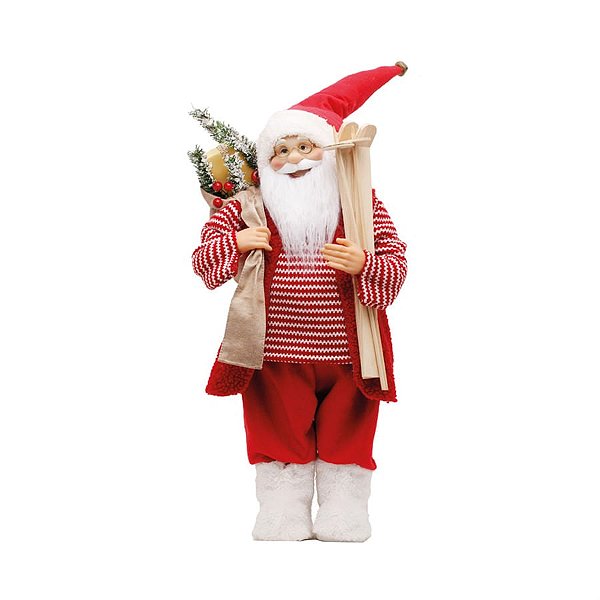 Boneco de Papai Noel em Pé Colete Camisa Listrada e Ski Vermelho e Branco de 62cm