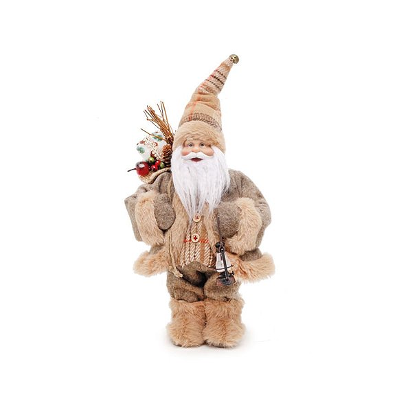 Boneco de Papai Noel em Pé Colete Camisa Xadrez e Lanterna Marrom de 30cm