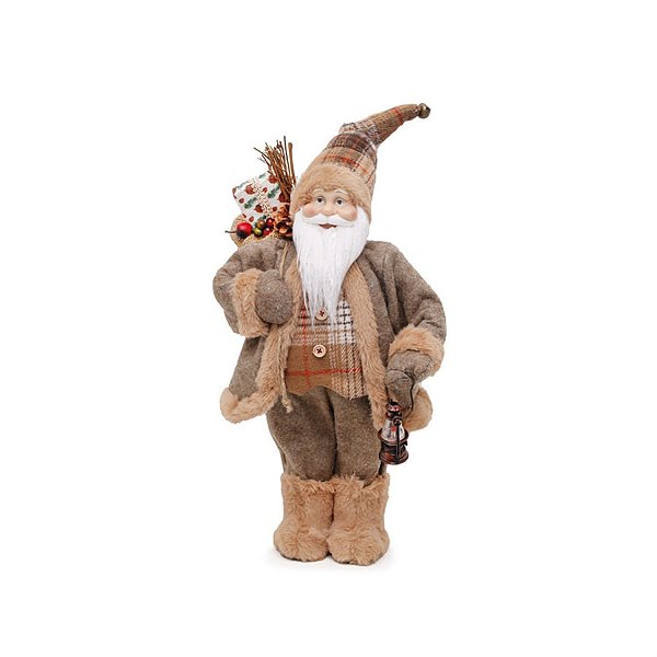 Boneco de Papai Noel em Pé Colete Camisa Xadrez e Lanterna Marrom de 46cm