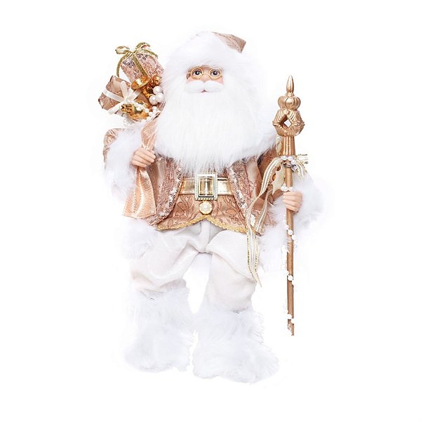 Boneco de Papai Noel Sentado com Cetro Rosê e Branco de 42cm
