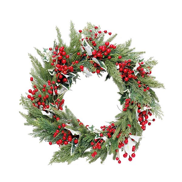 Guirlanda de Natal Folhas com Frutas Vermelho e Verde 60cm