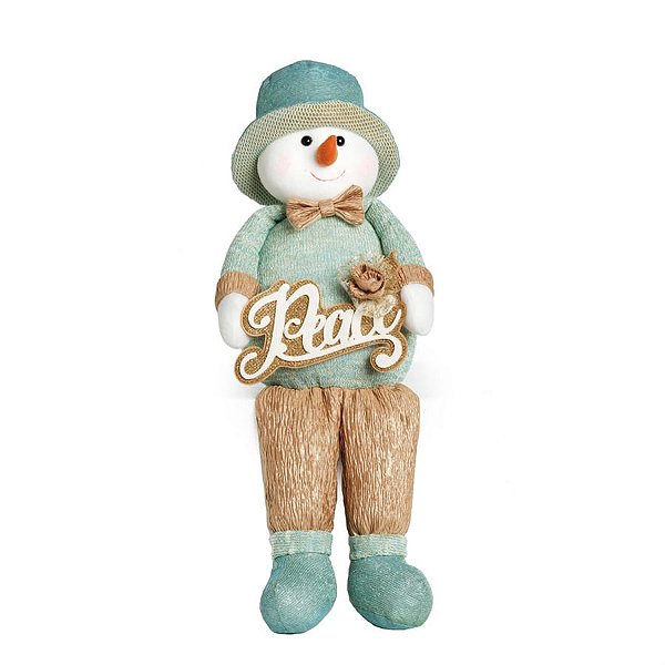 Boneco de Neve Perna Comprida Sentado Azul Pastel e Ouro M