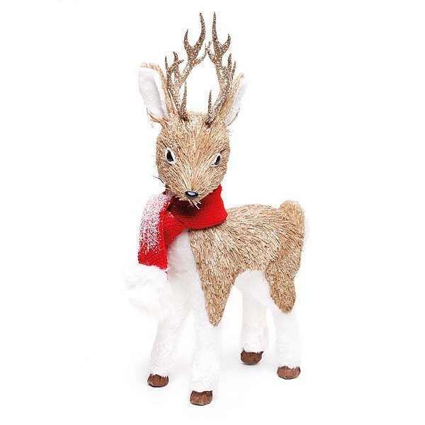 Rena de Natal Crespinha com Cachecol Bege e Branco e Vermelho 50cm