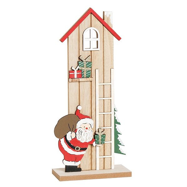 Casinha em Madeira Noel na Escada Cru e Vermelho e Verde Bandeira