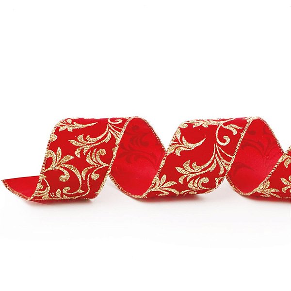 Fita de Natal Arabesco Vinho e Ouro 3,8cmx914cm