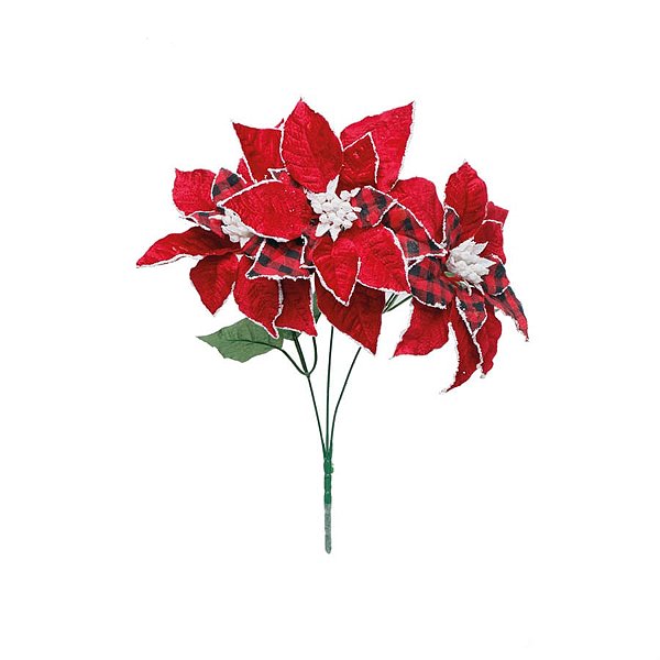 Buquê 3 Poinsetias Vermelho e Preto e Branco (Flores Cabo Médio) - 3 Unidades
