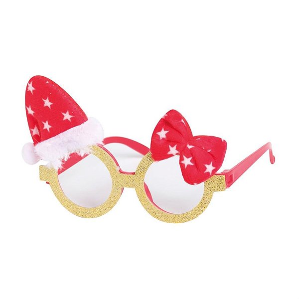 Óculos com Gorro Papai Noel e Laço Vermelho e Dourado